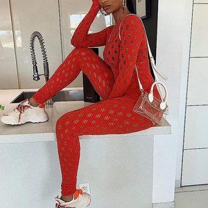 Hollow out red jumpsuit